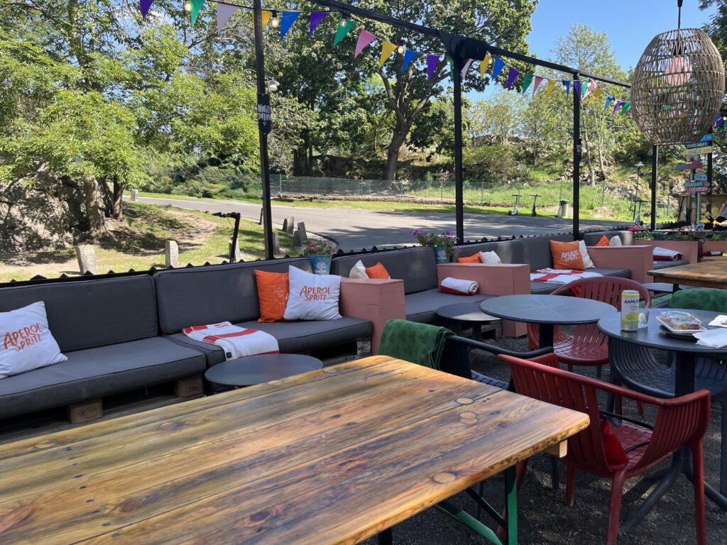 image shows outdoor restaurant Kajsa I parken in Stockholm