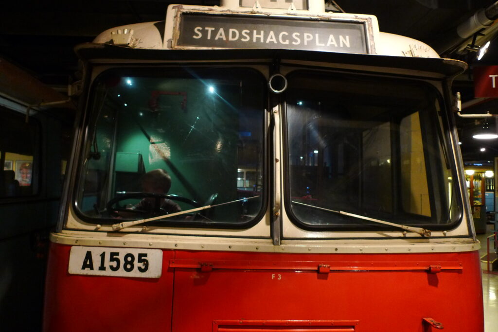 image shows a retro bus at Stockholm's transport museum