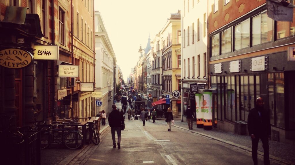 image shows shopping street Drottninggatan in Stockholm