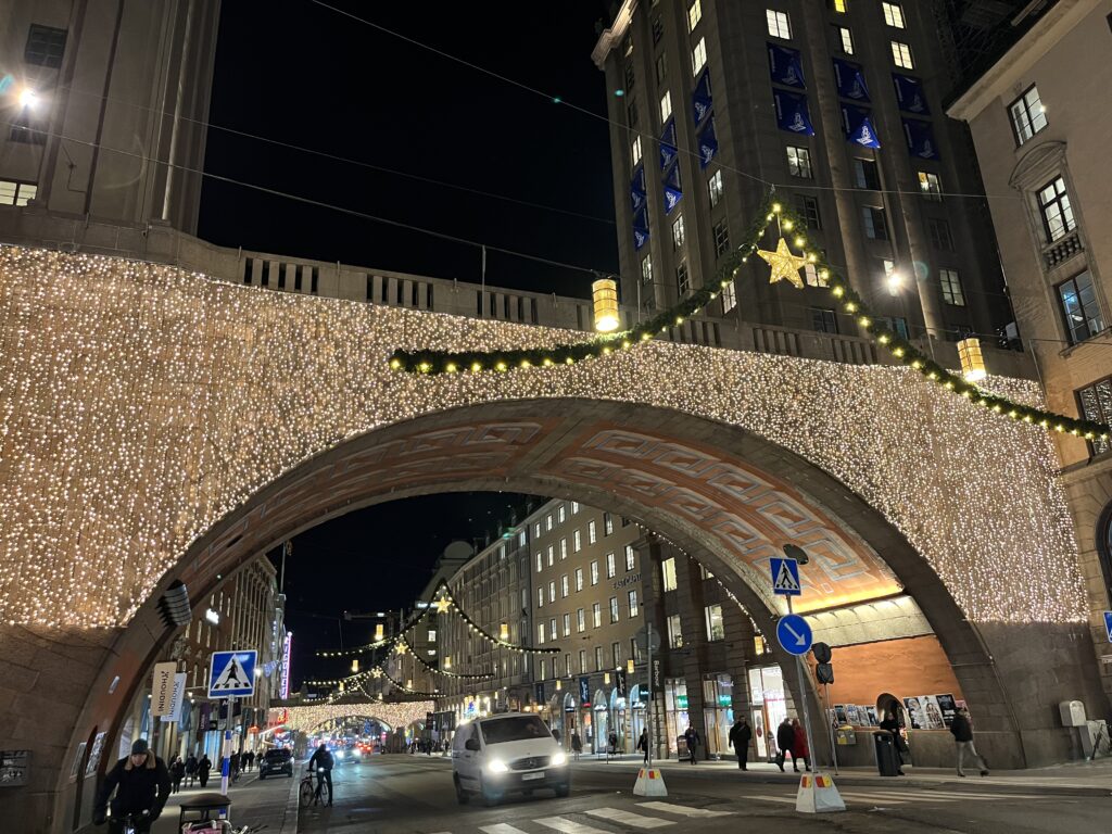 image shows Christmas decorations on a Stockholm street.