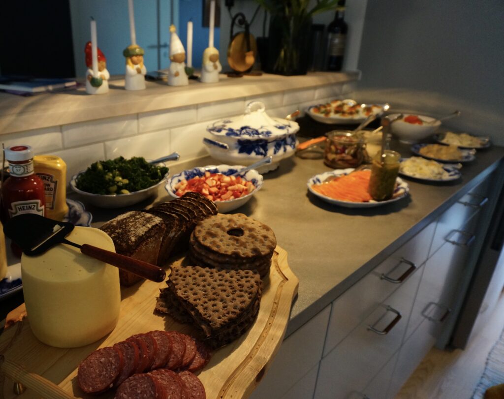 image shows a typical julbord, or Christmas dinner, in Sweden